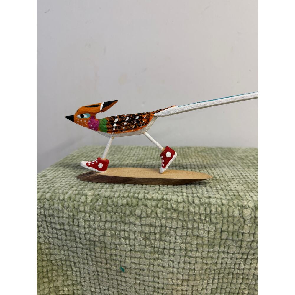 Hand Carved Wood Bird Figurine Whimsical Folk Art Bird Sneakers